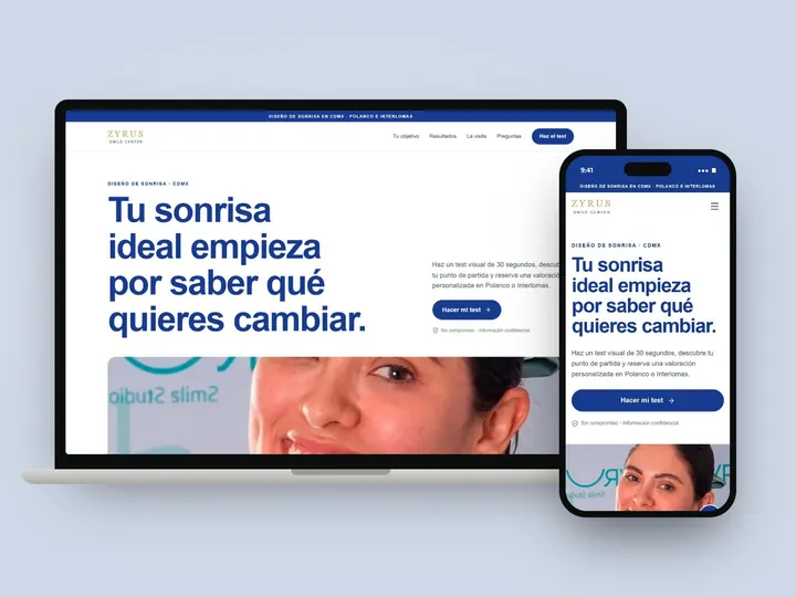 Web de Zyrus Smile Center en portátil y móvil